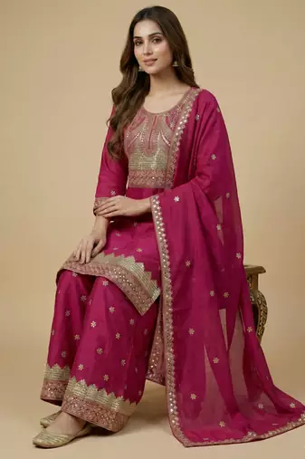 Pink designer chinon sequins embroidered work readymade suit
