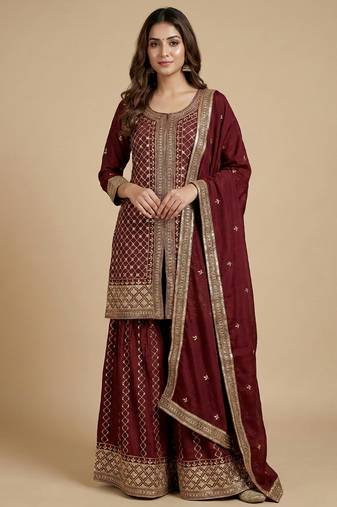 Maroon designer chinon sequins embroidered work readymade suit