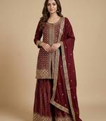 Maroon designer chinon sequins embroidered work readymade suit
