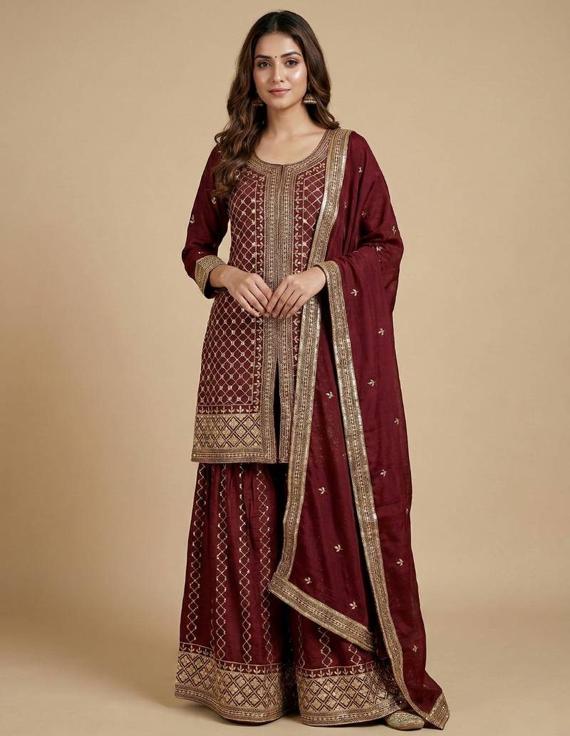 Maroon designer chinon sequins embroidered work readymade suit
