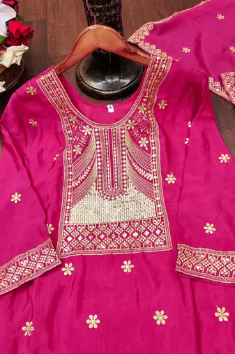 Pink designer chinon sequins embroidered work readymade suit