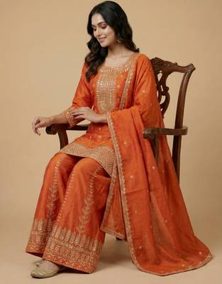 Orange designer chinon sequins embroidered work readymade suit 2
