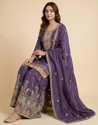 Purple designer chinon sequins embroidered work readymade suit 2