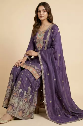 Purple designer chinon sequins embroidered work readymade suit