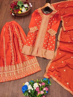 Orange designer chinon sequins embroidered work readymade suit 3