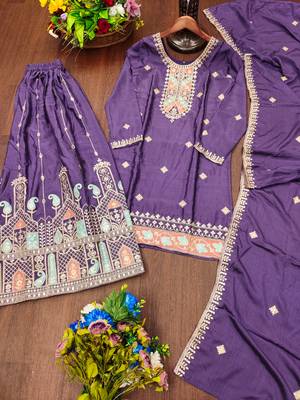 Purple designer chinon sequins embroidered work readymade suit 3