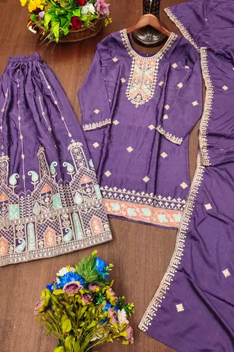Purple designer chinon sequins embroidered work readymade suit