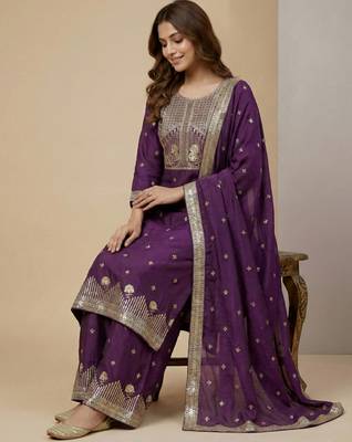 Purple designer natural crepe sequins embroidered work readymade suit 2