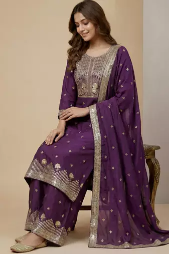 Purple designer natural crepe sequins embroidered work readymade suit