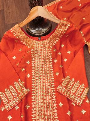 Orange designer chinon sequins embroidered work readymade suit 4