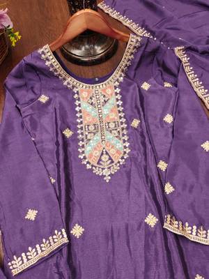 Purple designer chinon sequins embroidered work readymade suit 4