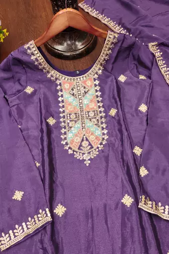 Purple designer chinon sequins embroidered work readymade suit