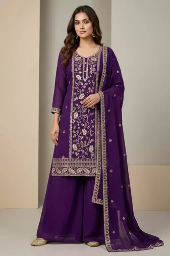 Purple designer fox georgette sequins embroidered work readymade suit