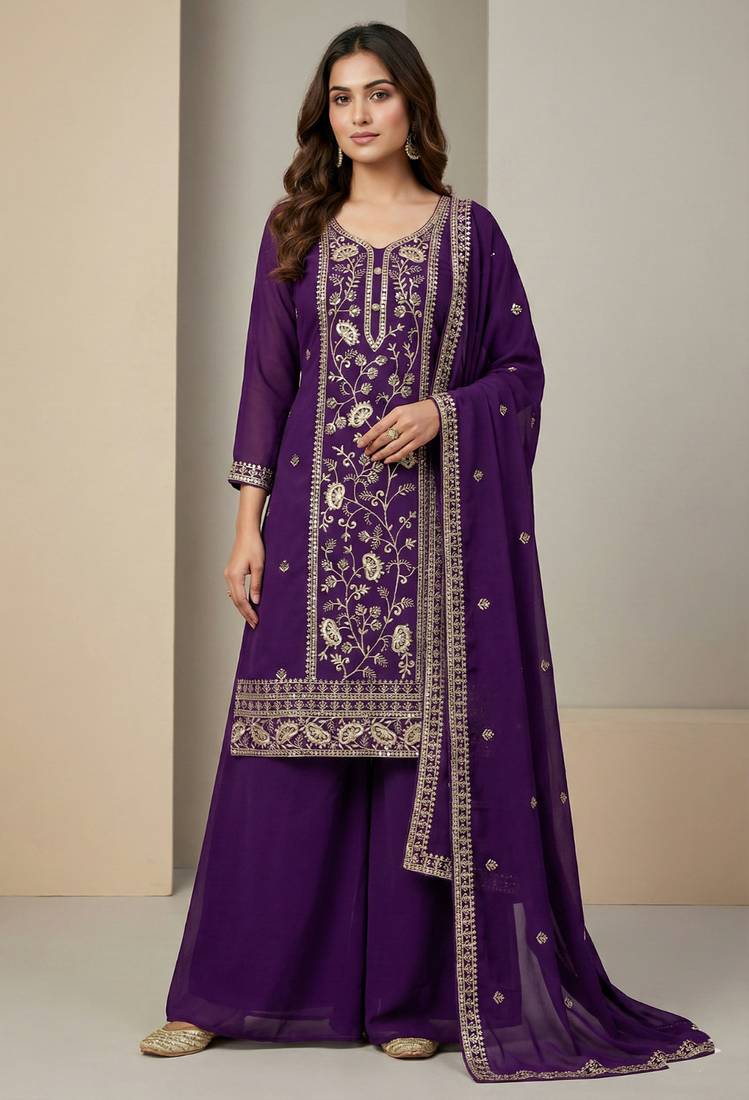 Purple designer fox georgette sequins embroidered work readymade suit