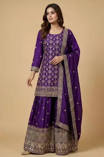 Purple designer chinon sequins embroidered work readymade suit