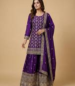 Purple designer chinon sequins embroidered work readymade suit
