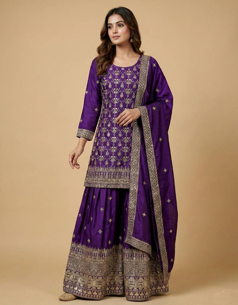 Purple designer chinon sequins embroidered work readymade suit