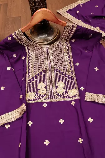 Purple designer natural crepe sequins embroidered work readymade suit