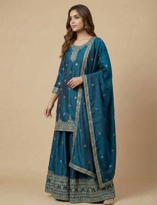Teal designer chinon sequins embroidered work readymade suit 2