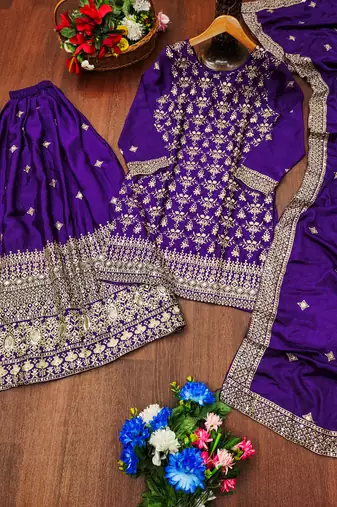 Purple designer chinon sequins embroidered work readymade suit