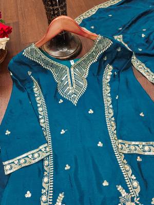 Teal designer chinon sequins embroidered work readymade suit 4