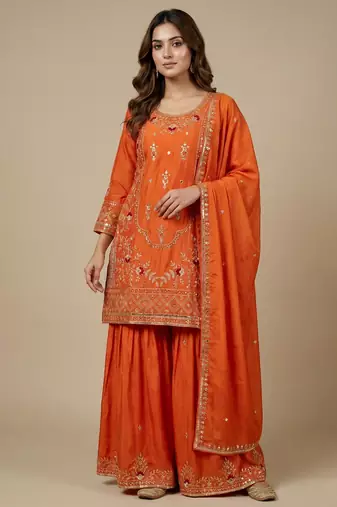 Orange designer natural crepe sequins embroidered work readymade suit