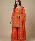 Orange designer natural crepe sequins embroidered work readymade suit