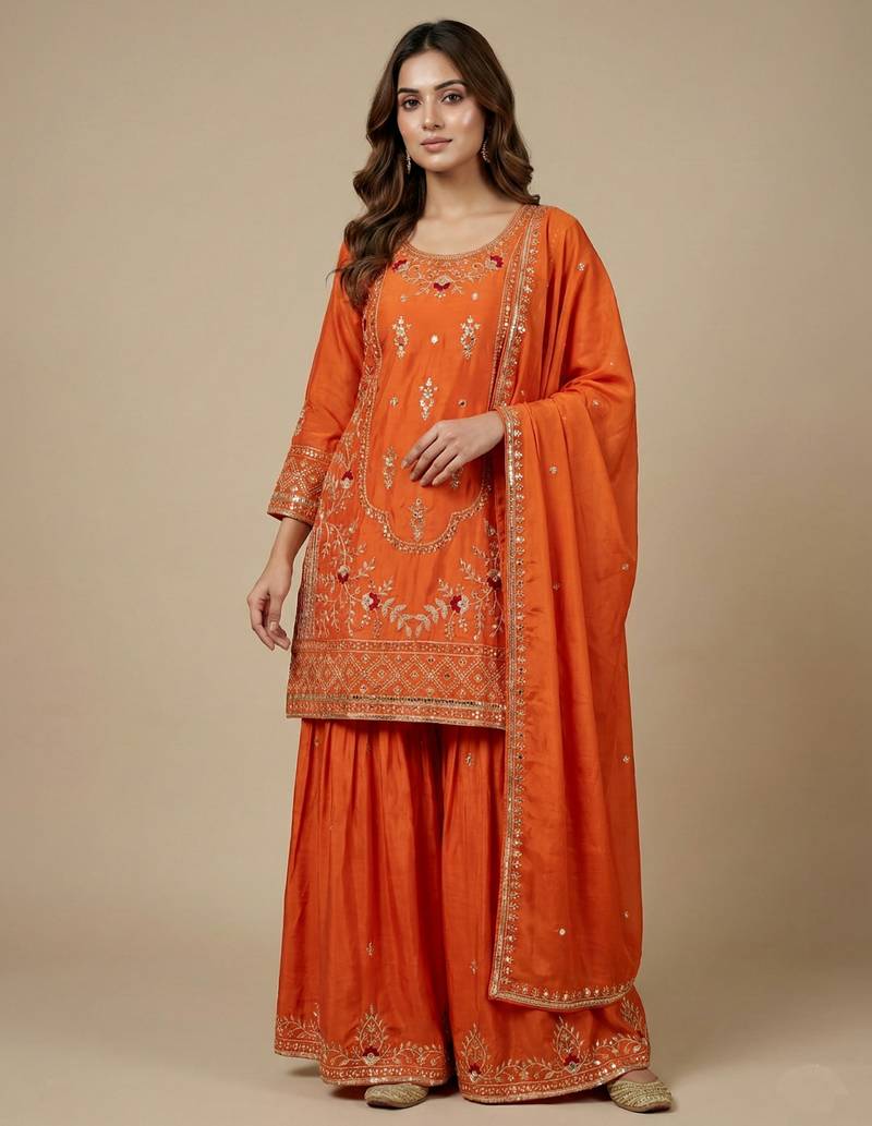 Orange designer natural crepe sequins embroidered work readymade suit