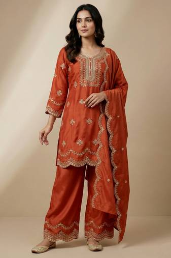 Orange designer natural crepe sequins embroidered work readymade suit