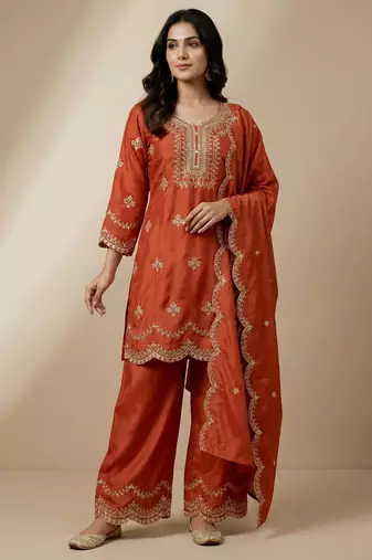Orange designer natural crepe sequins embroidered work readymade suit