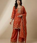 Orange designer natural crepe sequins embroidered work readymade suit