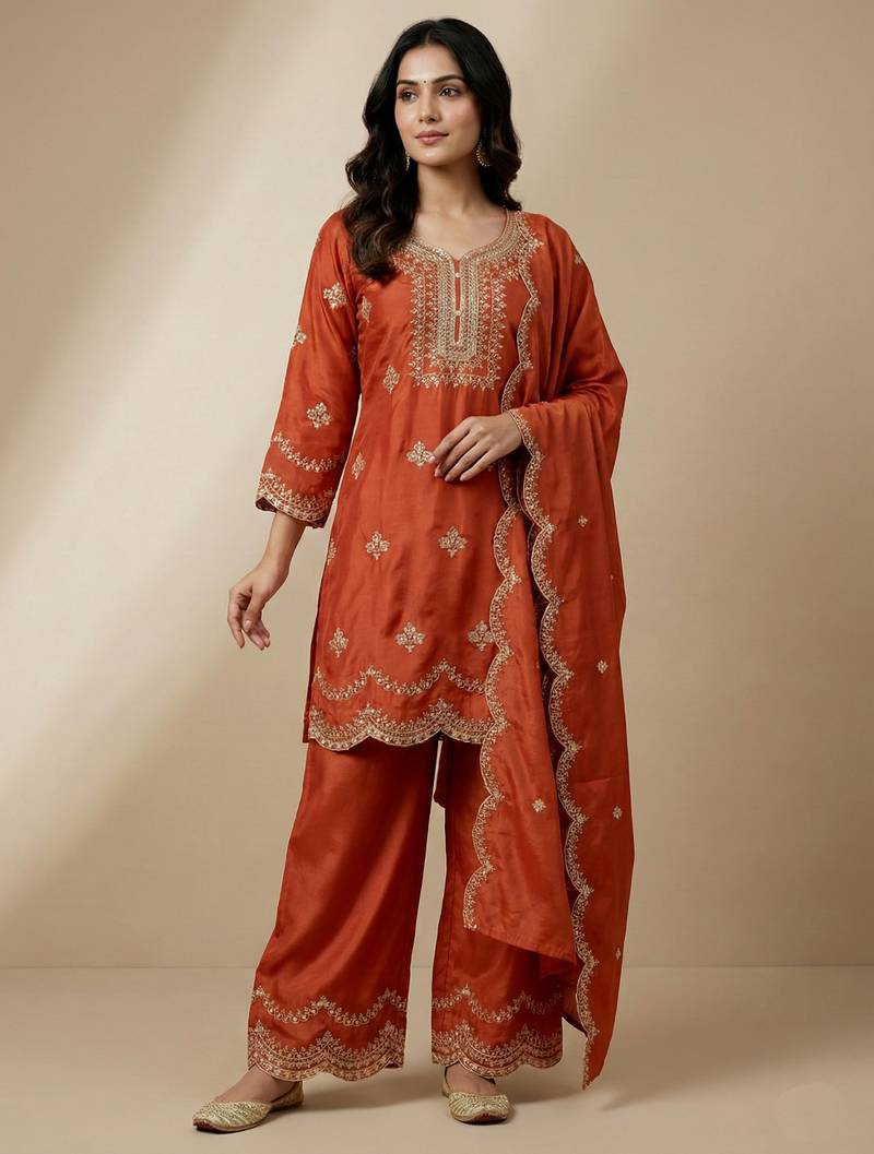 Orange designer natural crepe sequins embroidered work readymade suit