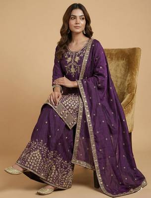 Purple designer chinon sequins embroidered work readymade suit 2