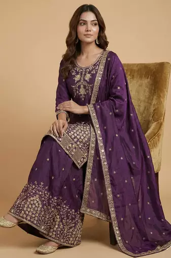 Purple designer chinon sequins embroidered work readymade suit