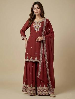Maroon designer fox georgette sequins embroidered work readymade suit 1