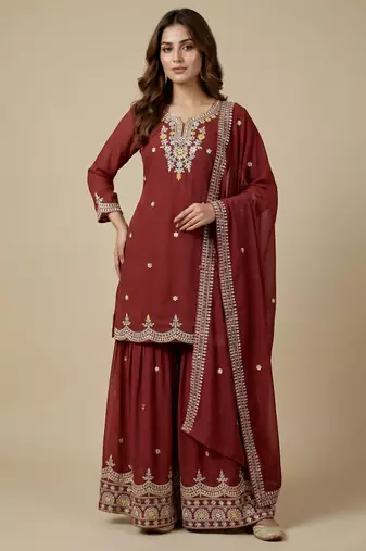 Maroon designer fox georgette sequins embroidered work readymade suit