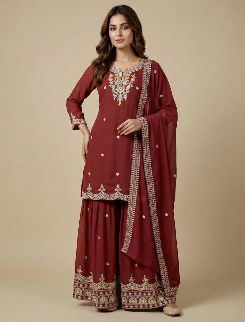 Maroon designer fox georgette sequins embroidered work readymade suit