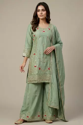 Sea green designer natural crepe sequins embroidered work readymade suit