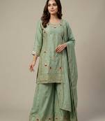 Sea green designer natural crepe sequins embroidered work readymade suit