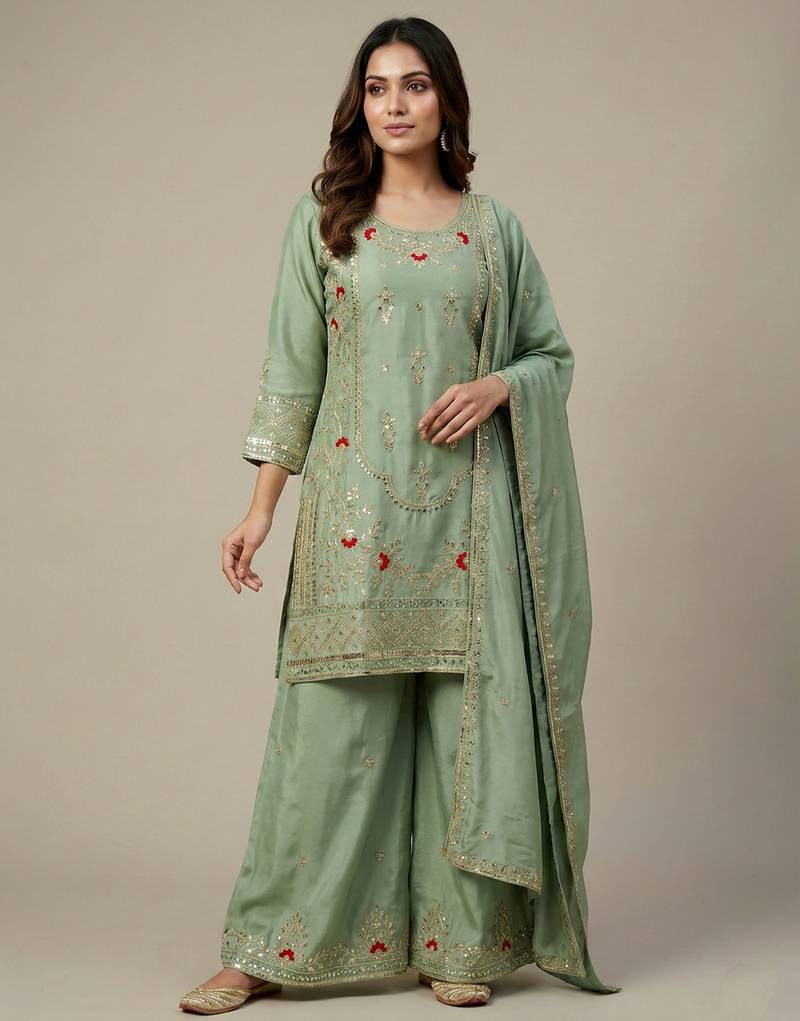 Sea green designer natural crepe sequins embroidered work readymade suit
