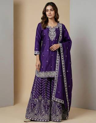 Purple designer chinon sequins embroidered work readymade suit 1