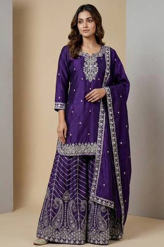 Purple designer chinon sequins embroidered work readymade suit