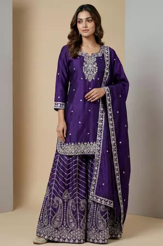 Purple designer chinon sequins embroidered work readymade suit