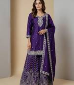 Purple designer chinon sequins embroidered work readymade suit