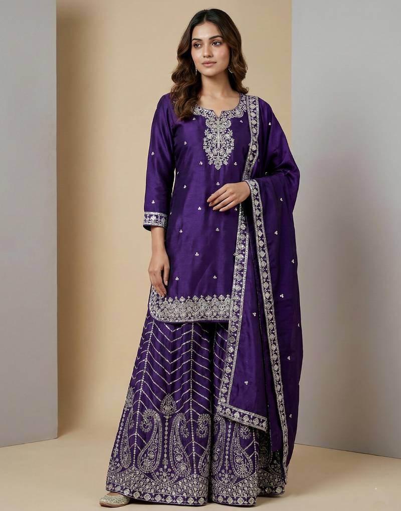 Purple designer chinon sequins embroidered work readymade suit