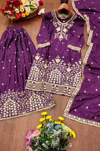 Purple designer chinon sequins embroidered work readymade suit
