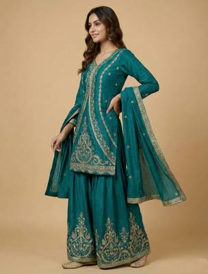 Teal blue designer natural crepe sequins embroidered work readymade suit 2