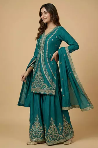 Teal blue designer natural crepe sequins embroidered work readymade suit