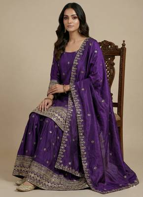 Purple designer chinon sequins embroidered work readymade suit 2