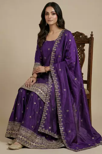 Purple designer chinon sequins embroidered work readymade suit